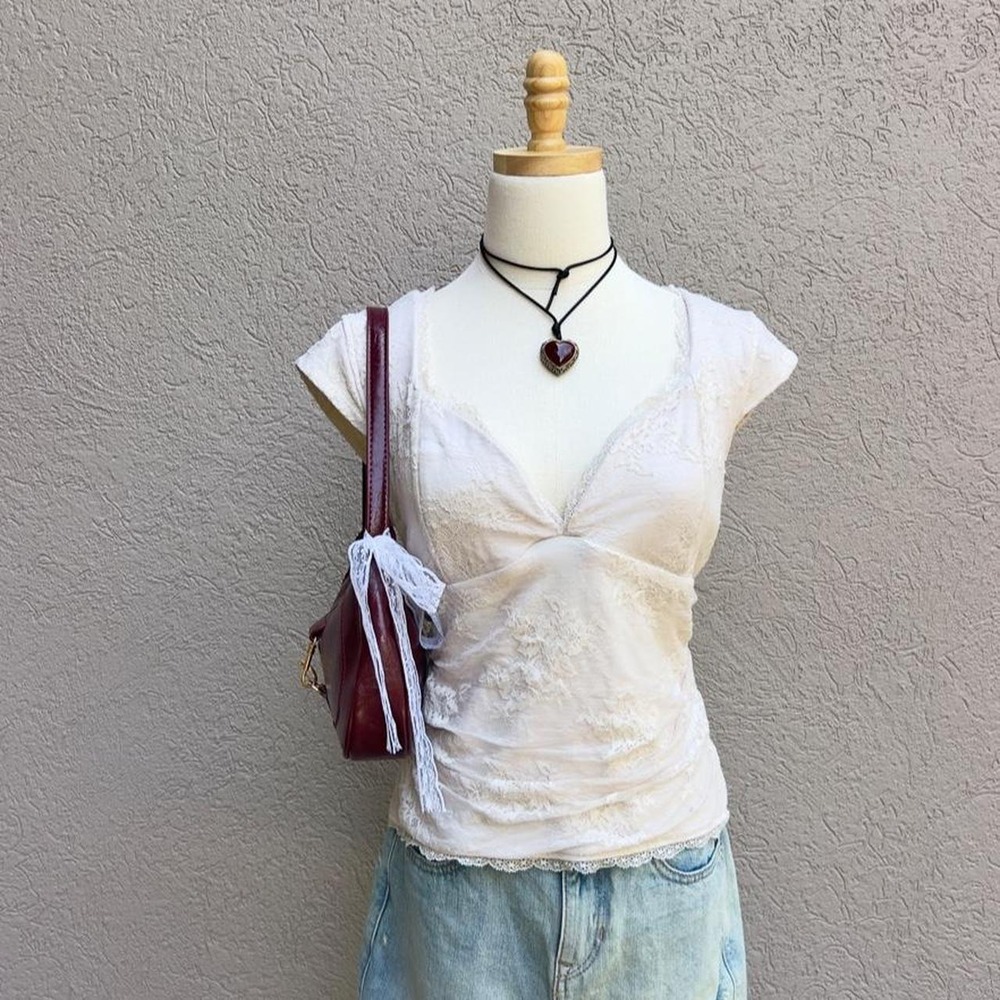 Abercrombie & Fitch Cream/White Lace Short Sleeve Top Sweetheart Romantic Boho